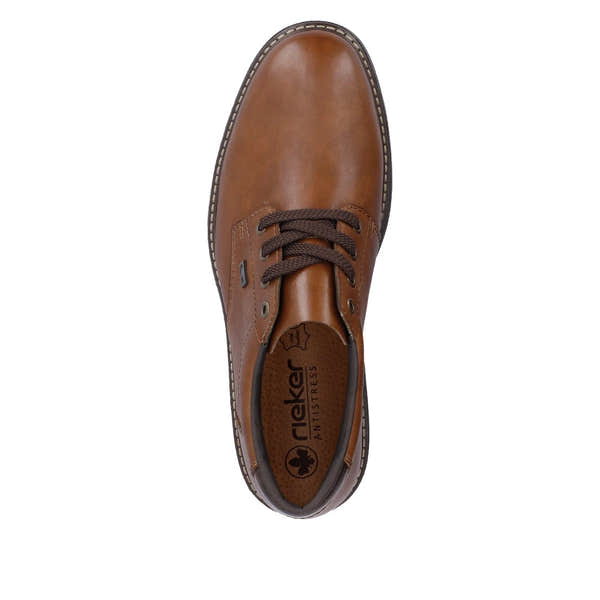 Rieker 33101-24 men's brown leather water resistant lace up shoes, top view.
