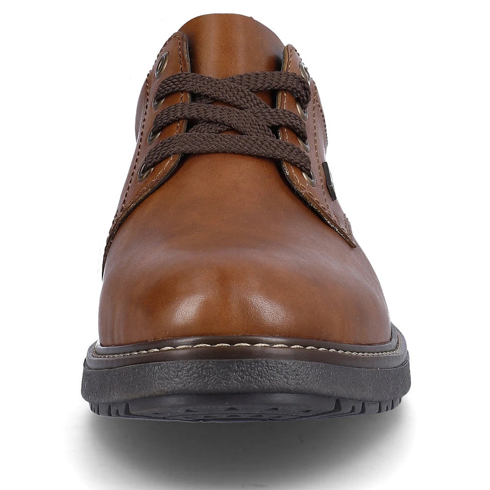 Rieker 33101-24 men's brown leather water resistant lace up shoes, front view.