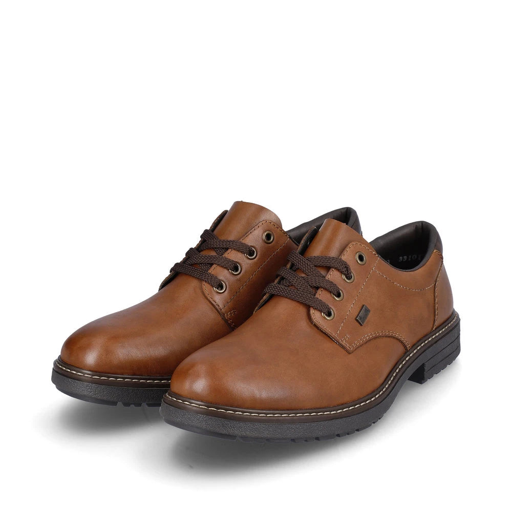 Rieker 33101-24 men's brown leather water resistant lace up shoes, paired three-quarter view.