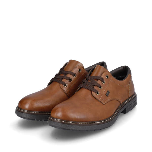 Rieker 33101-24 men's brown leather water resistant lace up shoes, paired three-quarter view.