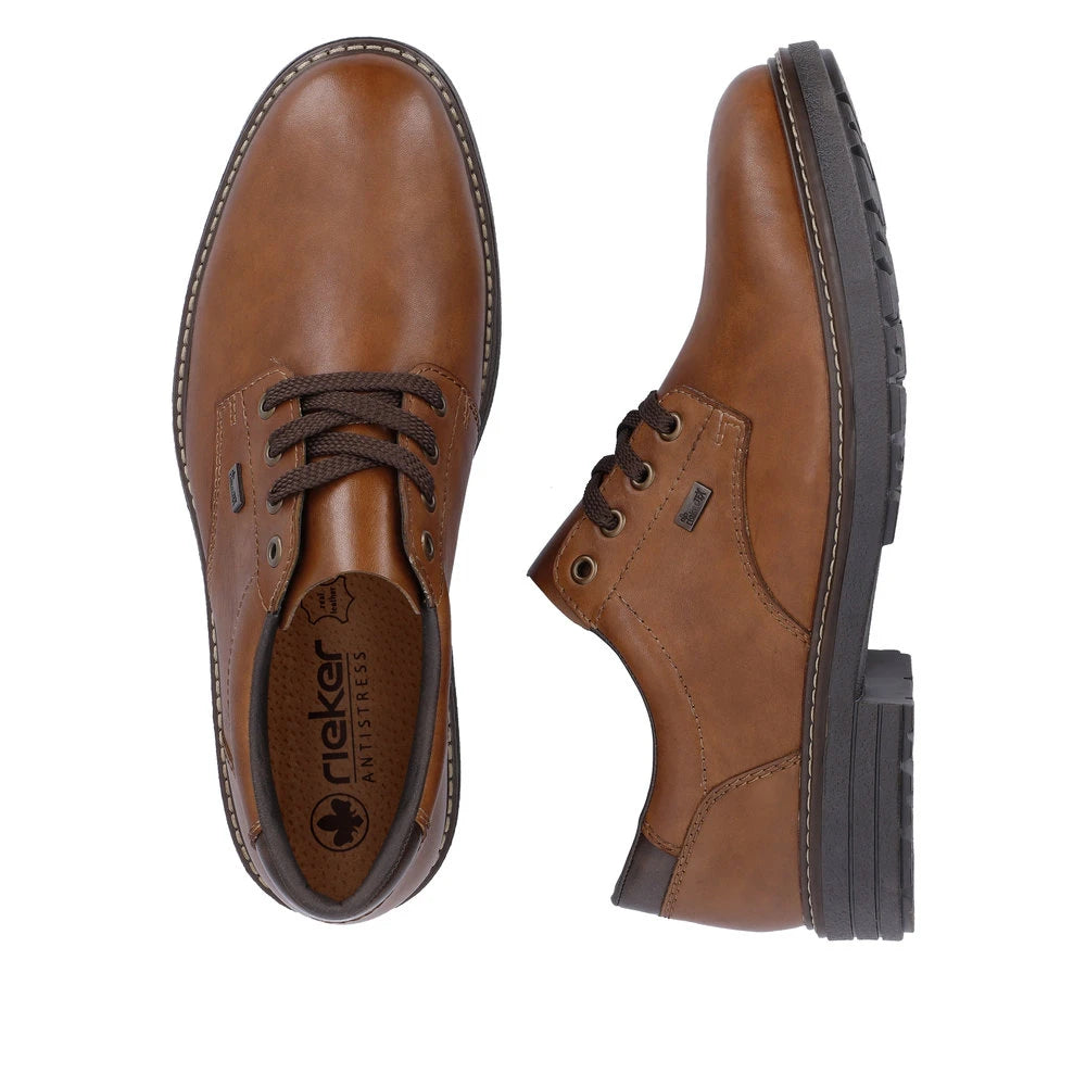 Rieker 33101-24 men's brown leather water resistant lace up shoes, two-angle product view.