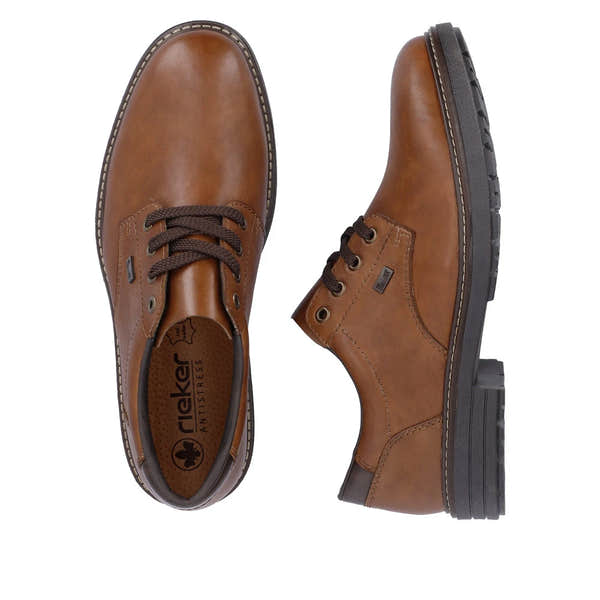Rieker 33101-24 men's brown leather water resistant lace up shoes, two-angle product view.