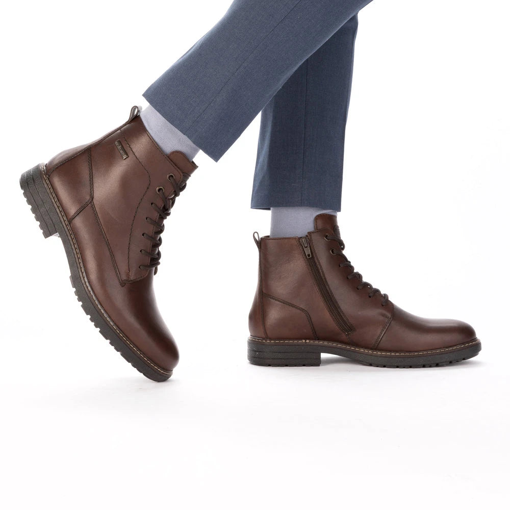 Rieker 33143-25 men's brown leather water resistant zip & lace ankle boots, lifestyle view 2 of 4.