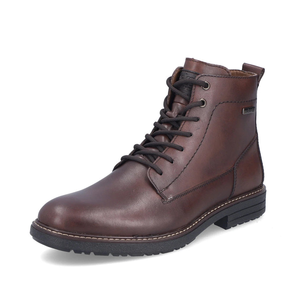 Rieker 33143-25 men's brown leather water resistant zip & lace ankle boots, front three-quarter view.