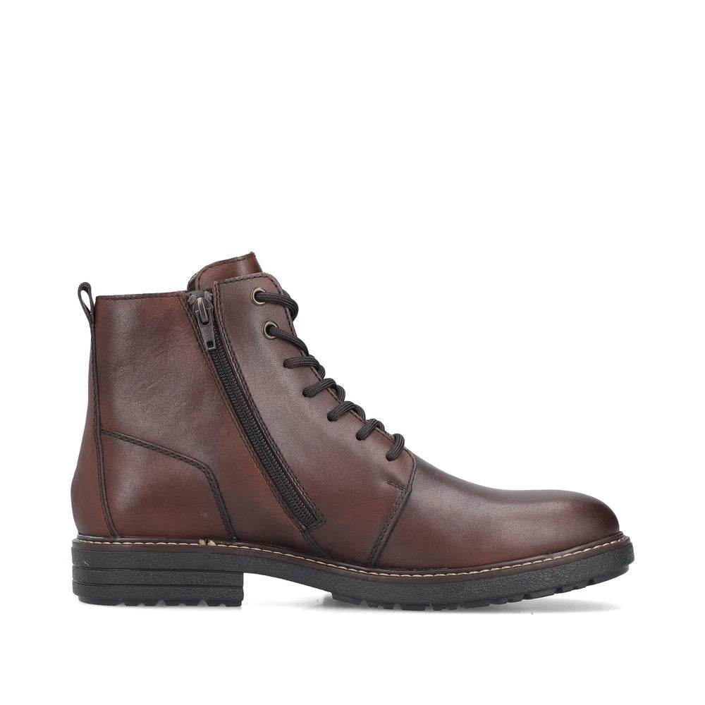 Rieker 33143-25 men's brown leather water resistant zip & lace ankle boots, outer side view.