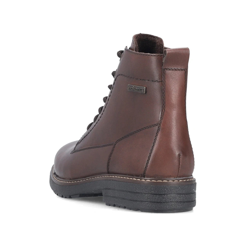 Rieker 33143-25 men's brown leather water resistant zip & lace ankle boots, rear three-quarter view.