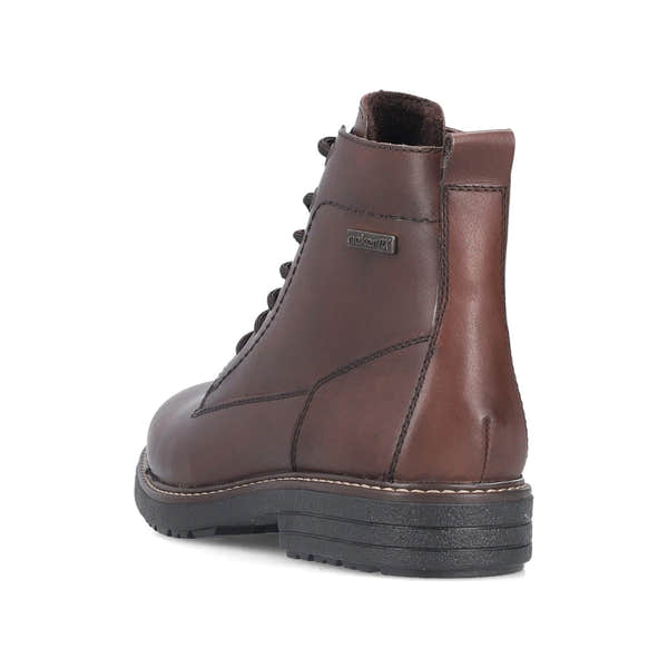 Rieker 33143-25 men's brown leather water resistant zip & lace ankle boots, rear three-quarter view.