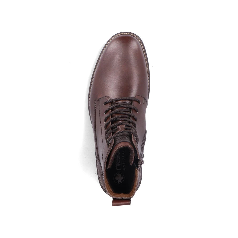 Rieker 33143-25 men's brown leather water resistant zip & lace ankle boots, top view.