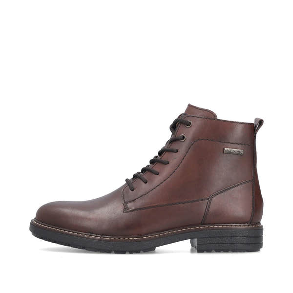 Rieker 33143-25 men's brown leather water resistant zip & lace ankle boots, inner side view.