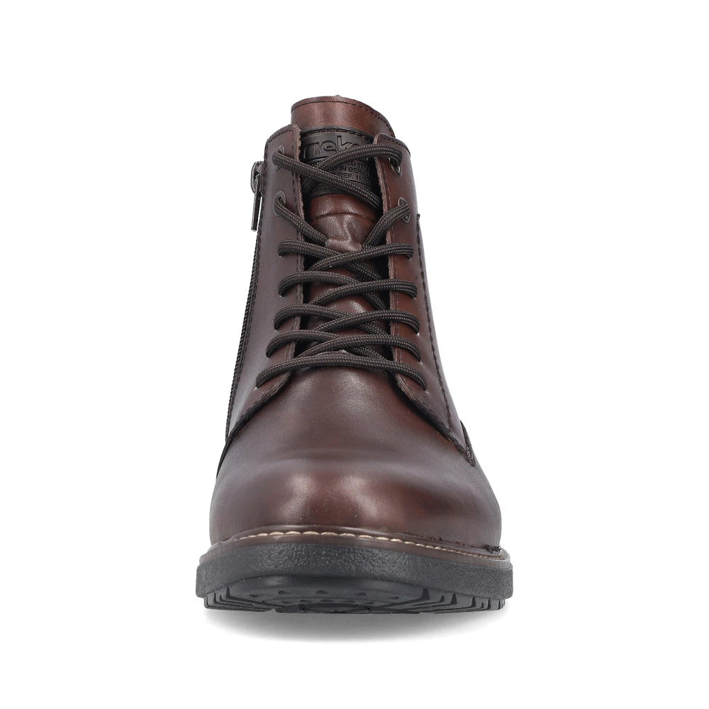 Rieker 33143-25 men's brown leather water resistant zip & lace ankle boots, front view.