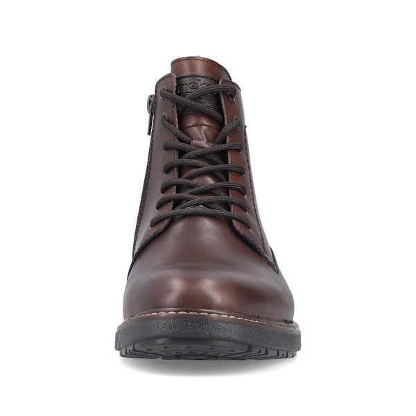 Rieker 33143-25 men's brown leather water resistant zip & lace ankle boots, front view.