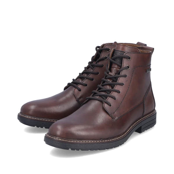 Rieker 33143-25 men's brown leather water resistant zip & lace ankle boots, paired three-quarter view.