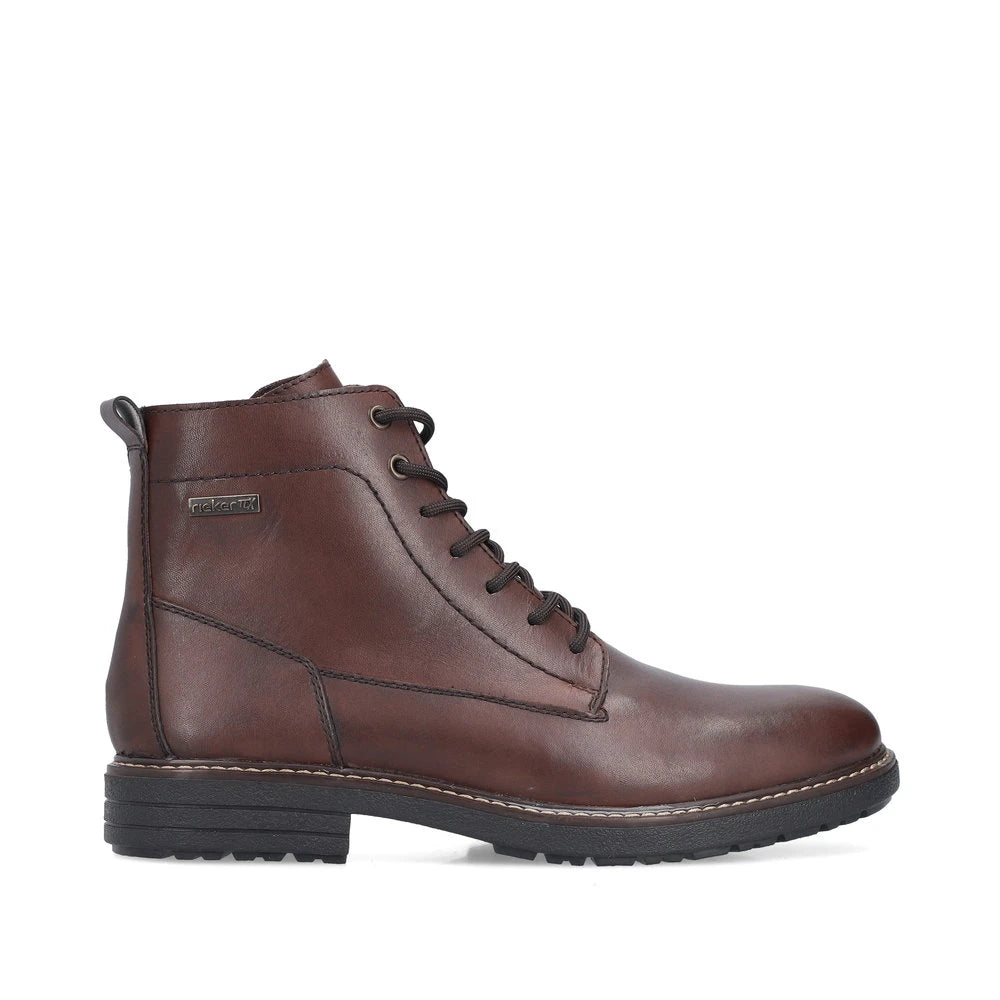 Rieker 33143-25 men's brown leather water resistant zip & lace ankle boots, opposite side view.