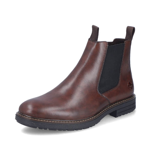 Rieker 33180-26 men's brown leather side zip ankle boots, front three-quarter view.