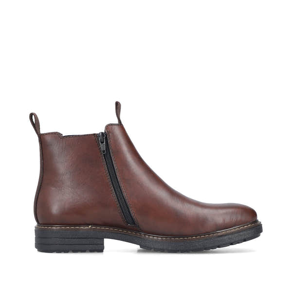 Rieker 33180-26 men's brown leather side zip ankle boots, outer side view.