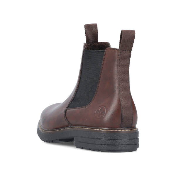 Rieker 33180-26 men's brown leather side zip ankle boots, rear three-quarter view.