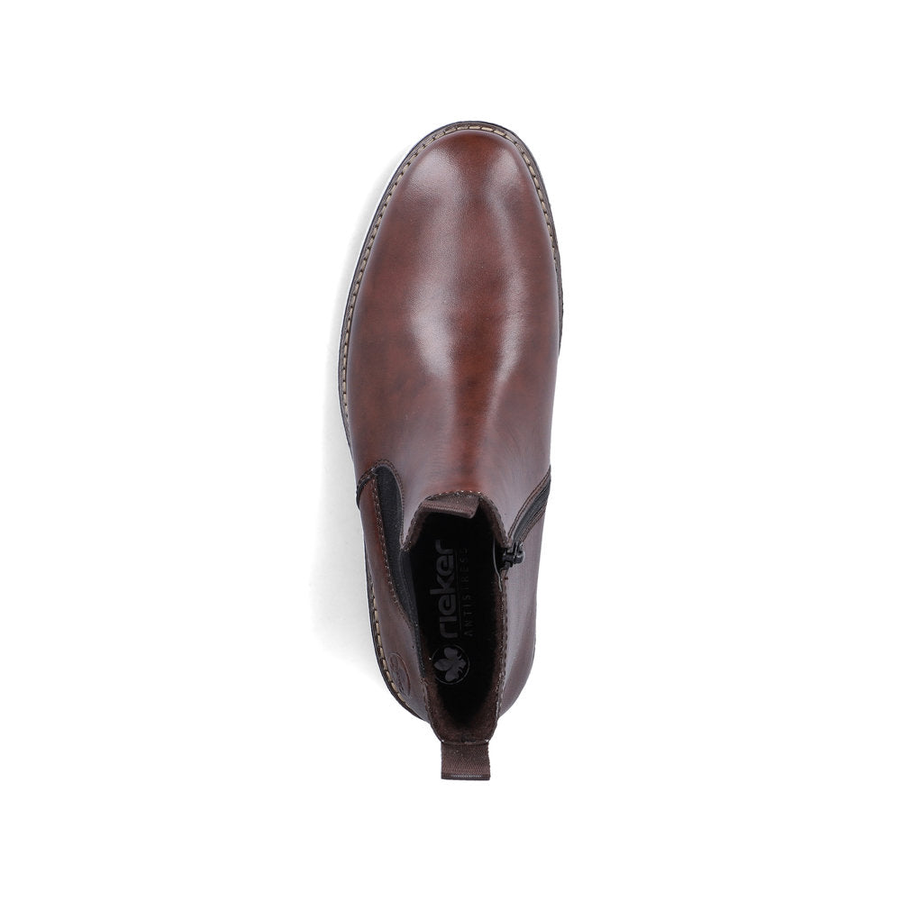 Rieker 33180-26 men's brown leather side zip ankle boots, top view.