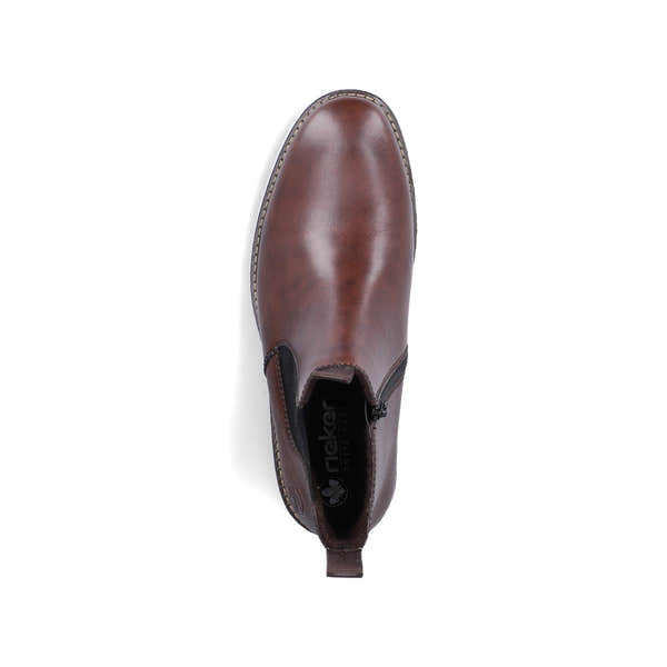 Rieker 33180-26 men's brown leather side zip ankle boots, top view.