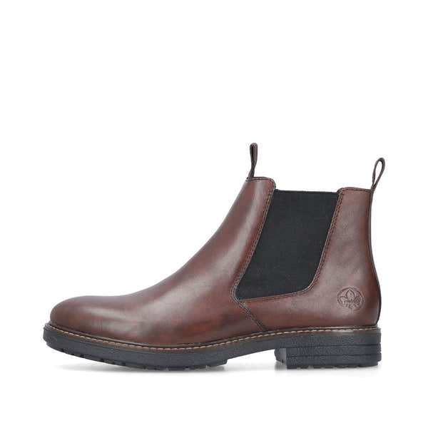 Rieker 33180-26 men's brown leather side zip ankle boots, inner side view.