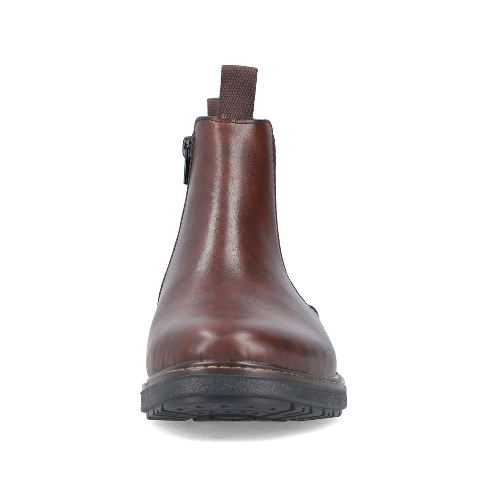 Rieker 33180-26 men's brown leather side zip ankle boots, front view.