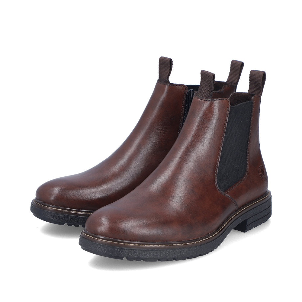 Rieker 33180-26 men's brown leather side zip ankle boots, paired three-quarter view.