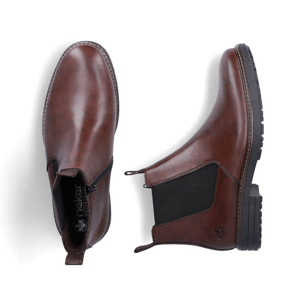 Rieker 33180-26 men's brown leather side zip ankle boots, two-angle product view.