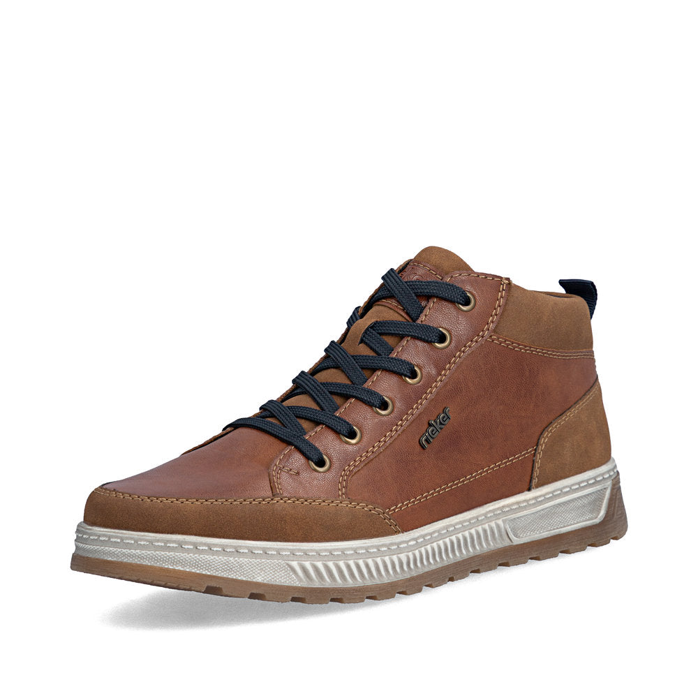 Rieker 37006-25 men's wide brown lace up ankle boots, front three-quarter view.
