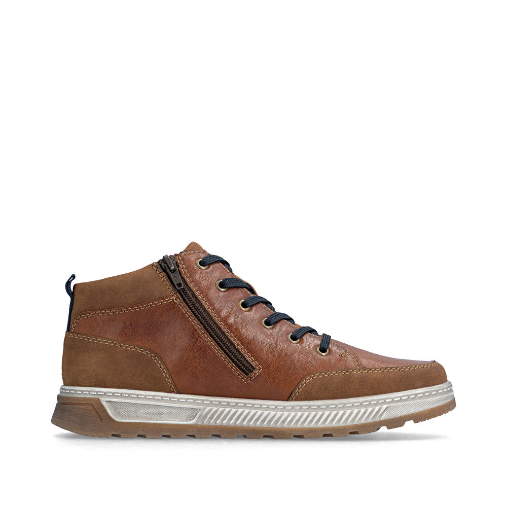 Rieker 37006-25 men's wide brown lace up ankle boots, outer side view.