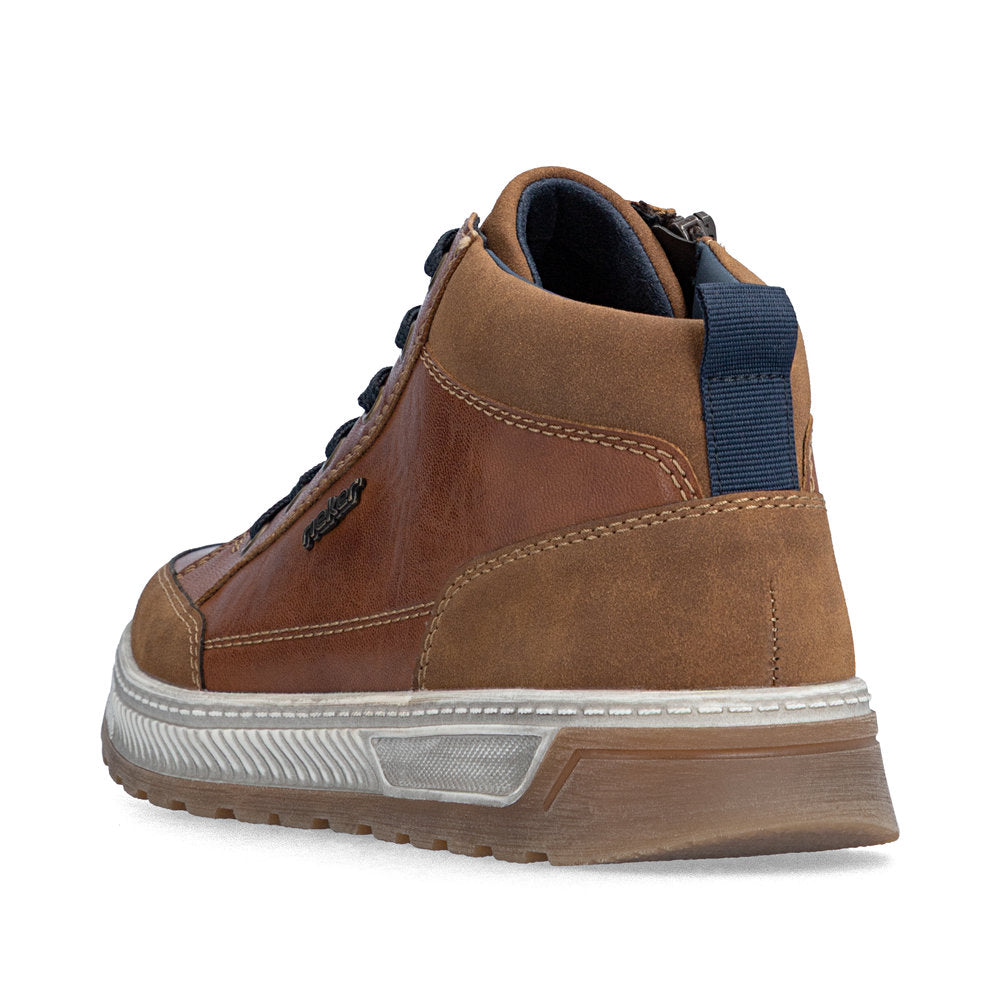 Rieker 37006-25 men's wide brown lace up ankle boots, rear three-quarter view.