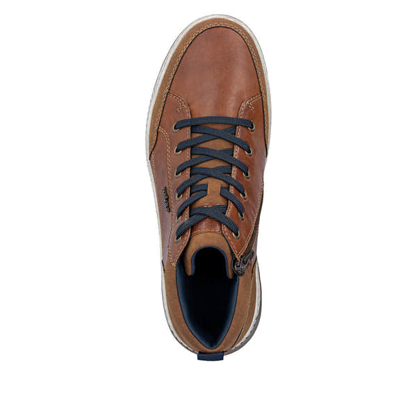 Rieker 37006-25 men's wide brown lace up ankle boots, top view.