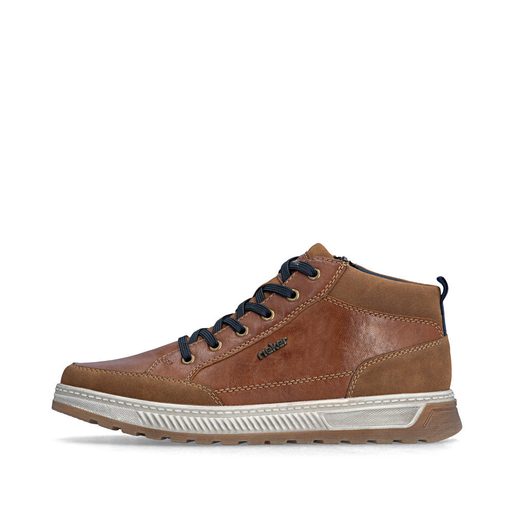 Rieker 37006-25 men's wide brown lace up ankle boots, inner side view.