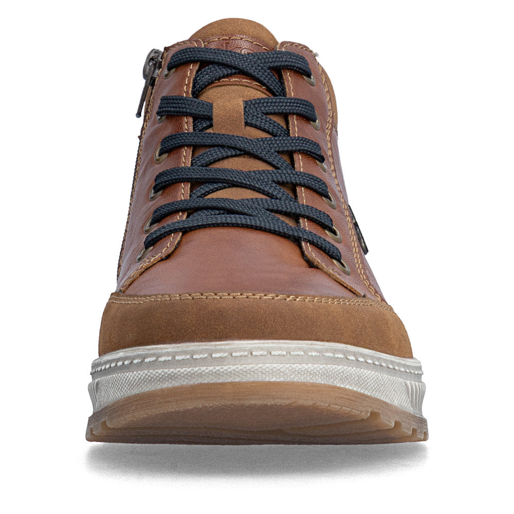 Rieker 37006-25 men's wide brown lace up ankle boots, front view.