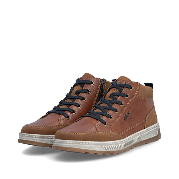 Rieker 37006-25 men's wide brown lace up ankle boots, paired three-quarter view.
