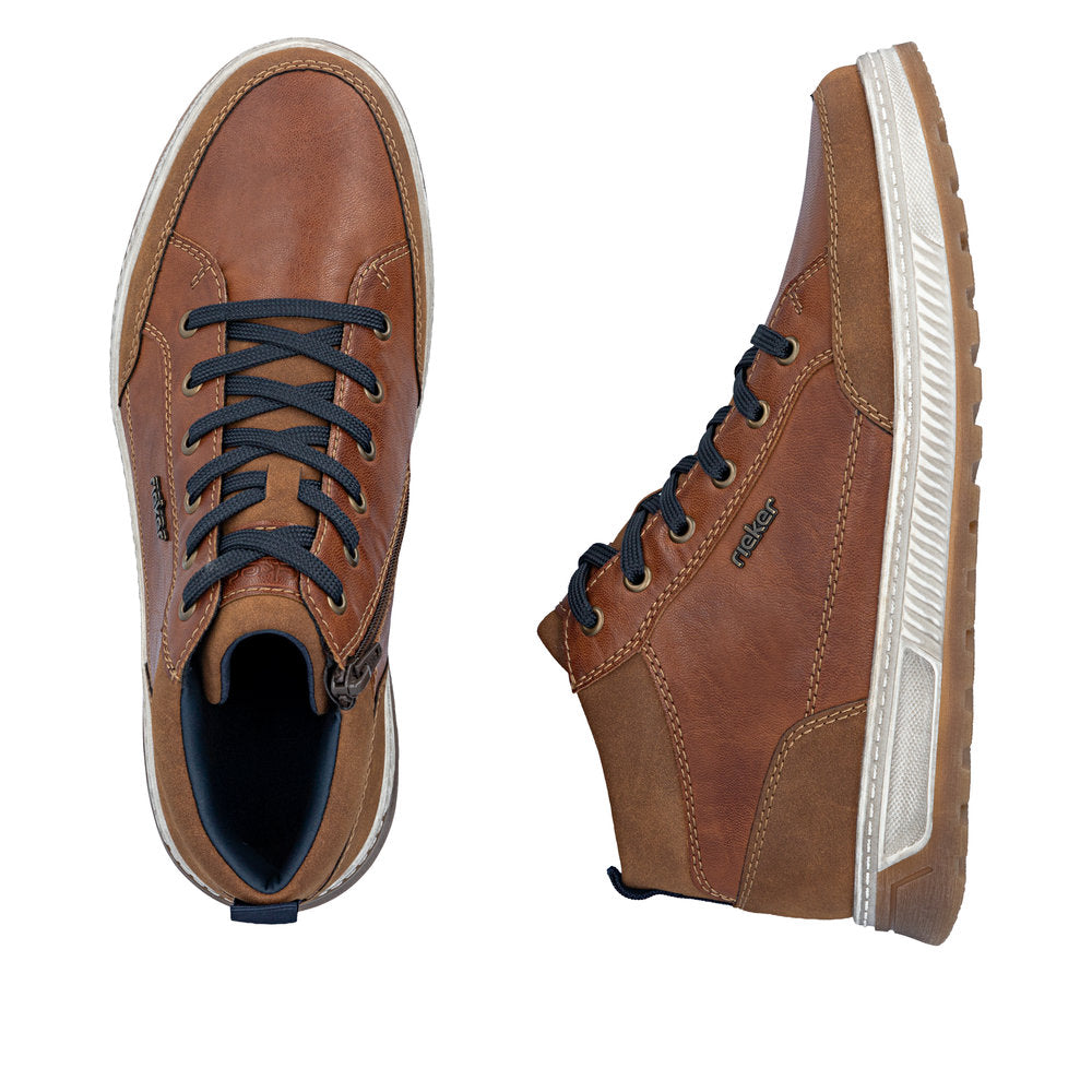 Rieker 37006-25 men's wide brown lace up ankle boots, two-angle product view.