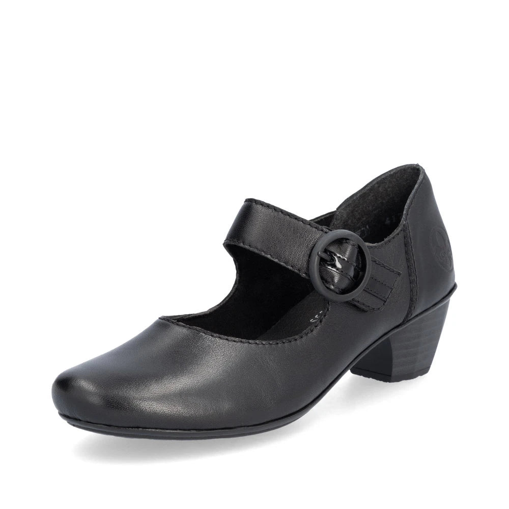 Rieker 41756-00 women's black leather buckle heels, front three-quarter view.