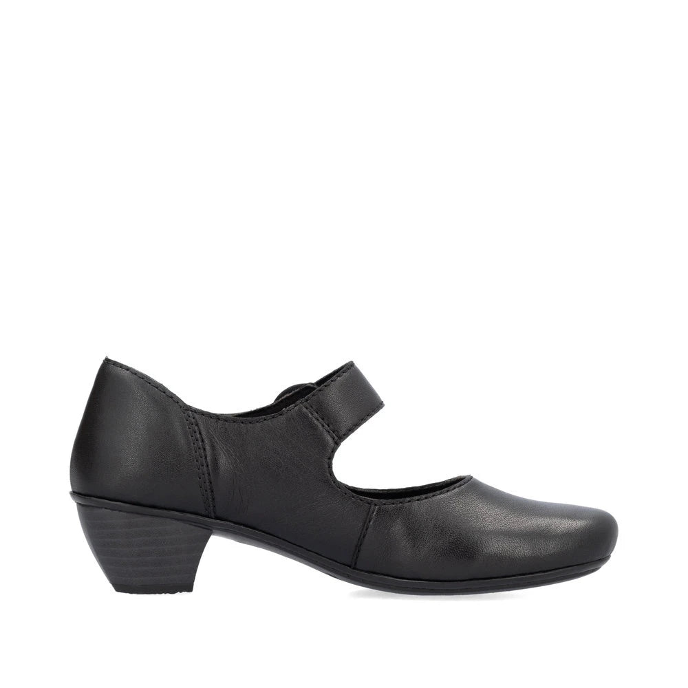Rieker 41756-00 women's black leather buckle heels, outer side view.