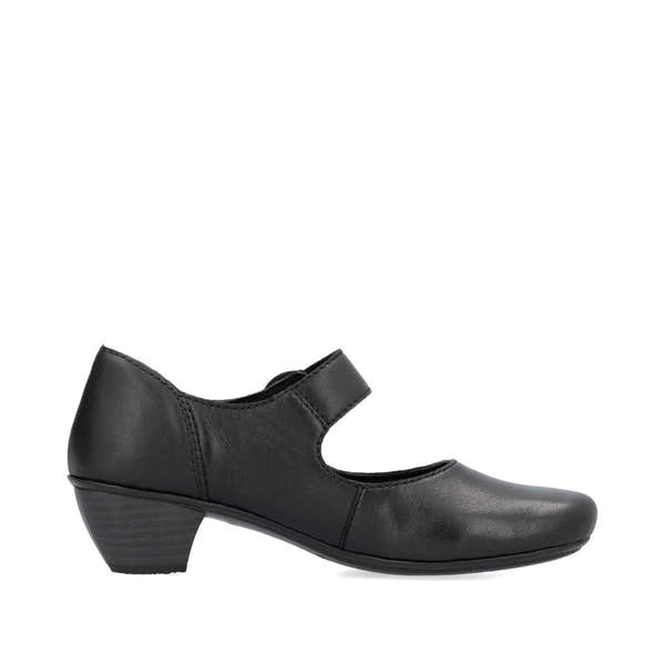 Rieker 41756-00 women's black leather buckle heels, outer side view.