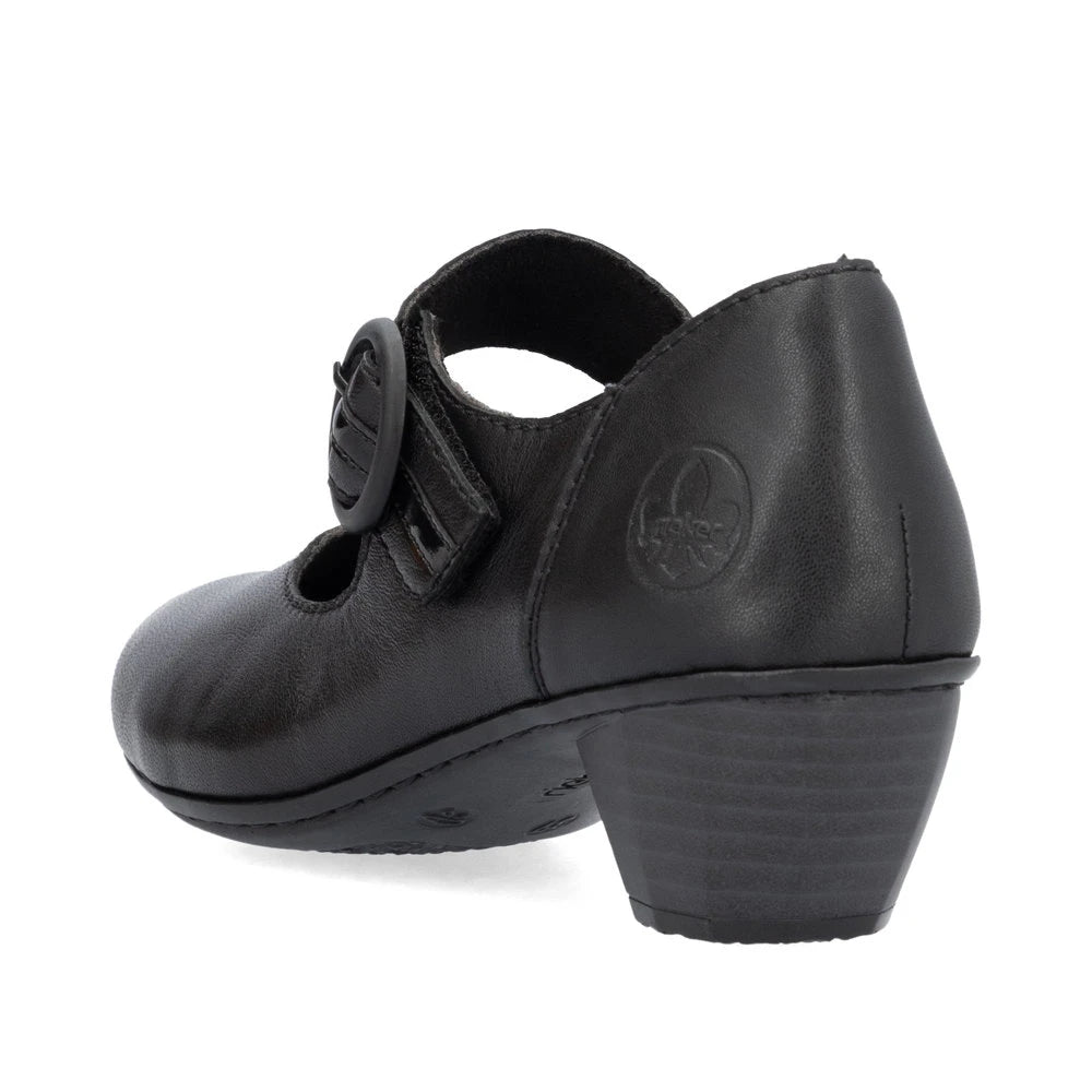 Rieker 41756-00 women's black leather buckle heels, rear three-quarter view.