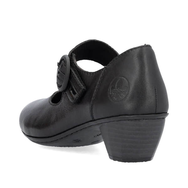 Rieker 41756-00 women's black leather buckle heels, rear three-quarter view.