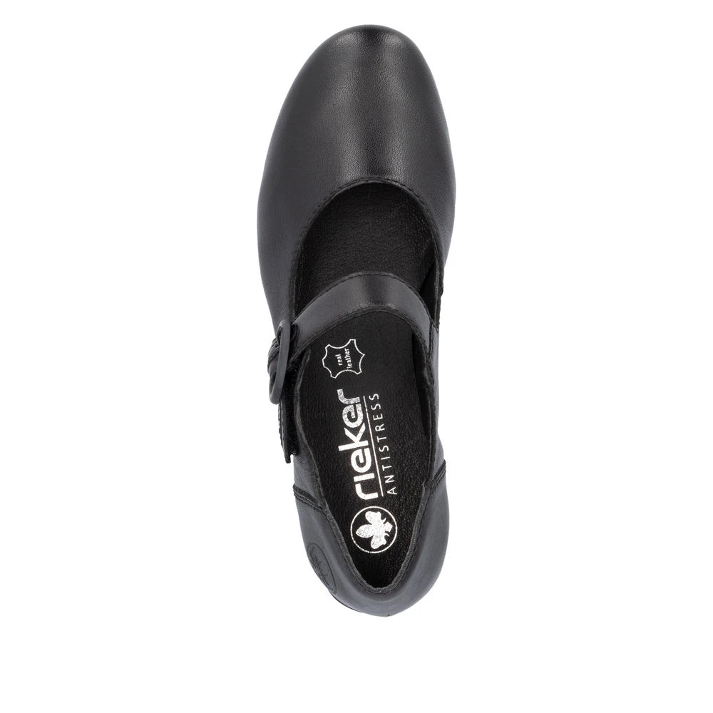Rieker 41756-00 women's black leather buckle heels, top view.