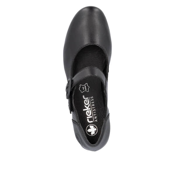 Rieker 41756-00 women's black leather buckle heels, top view.