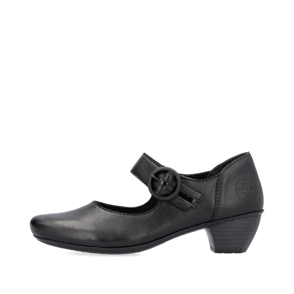 Rieker 41756-00 women's black leather buckle heels, inner side view.