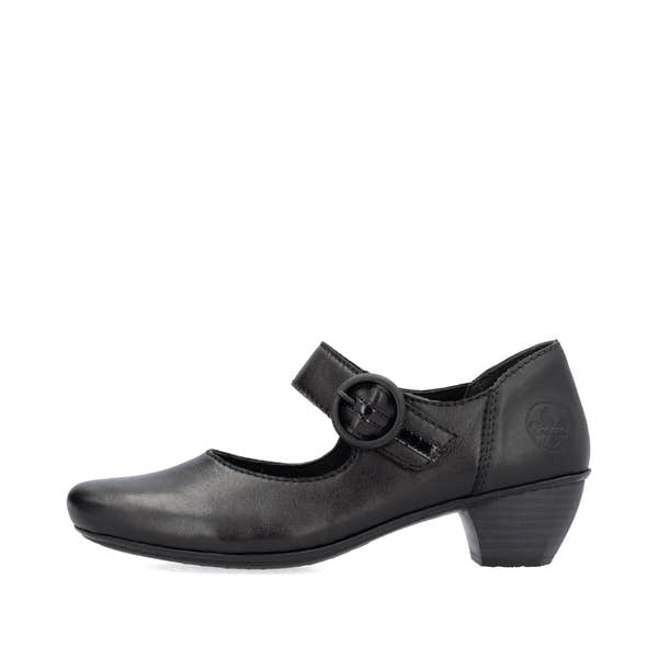 Rieker 41756-00 women's black leather buckle heels, inner side view.