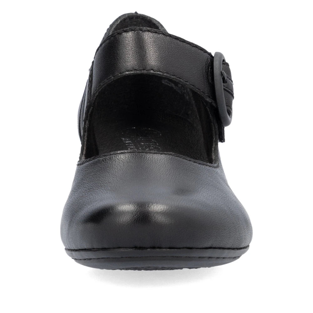 Rieker 41756-00 women's black leather buckle heels, front view.