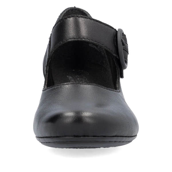 Rieker 41756-00 women's black leather buckle heels, front view.