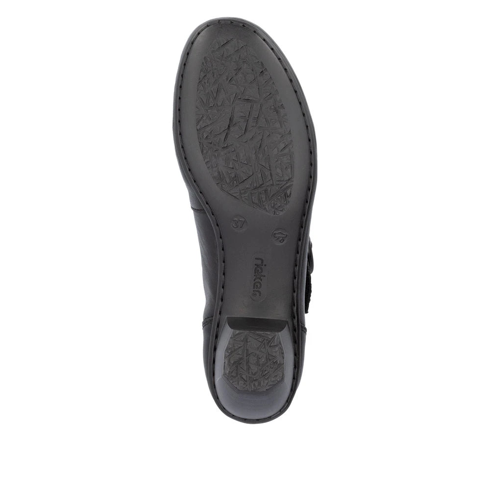 Rieker 41756-00 women's black leather buckle heels, sole and tread view.