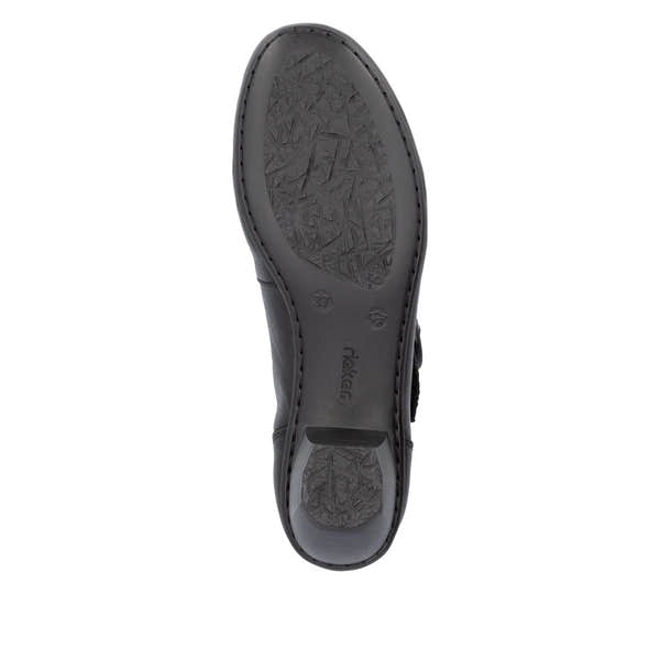 Rieker 41756-00 women's black leather buckle heels, sole and tread view.