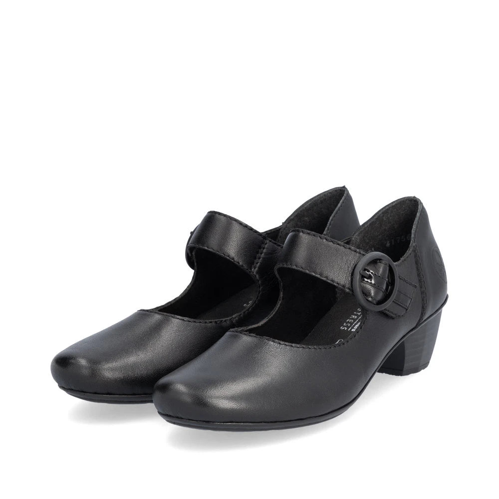 Rieker 41756-00 women's black leather buckle heels, paired three-quarter view.