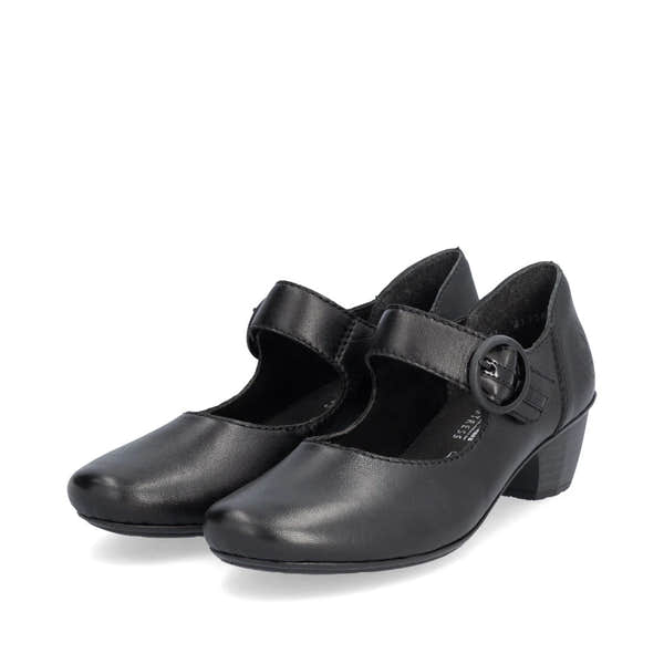 Rieker 41756-00 women's black leather buckle heels, paired three-quarter view.