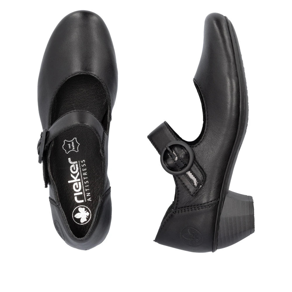 Rieker 41756-00 women's black leather buckle heels, two-angle product view.